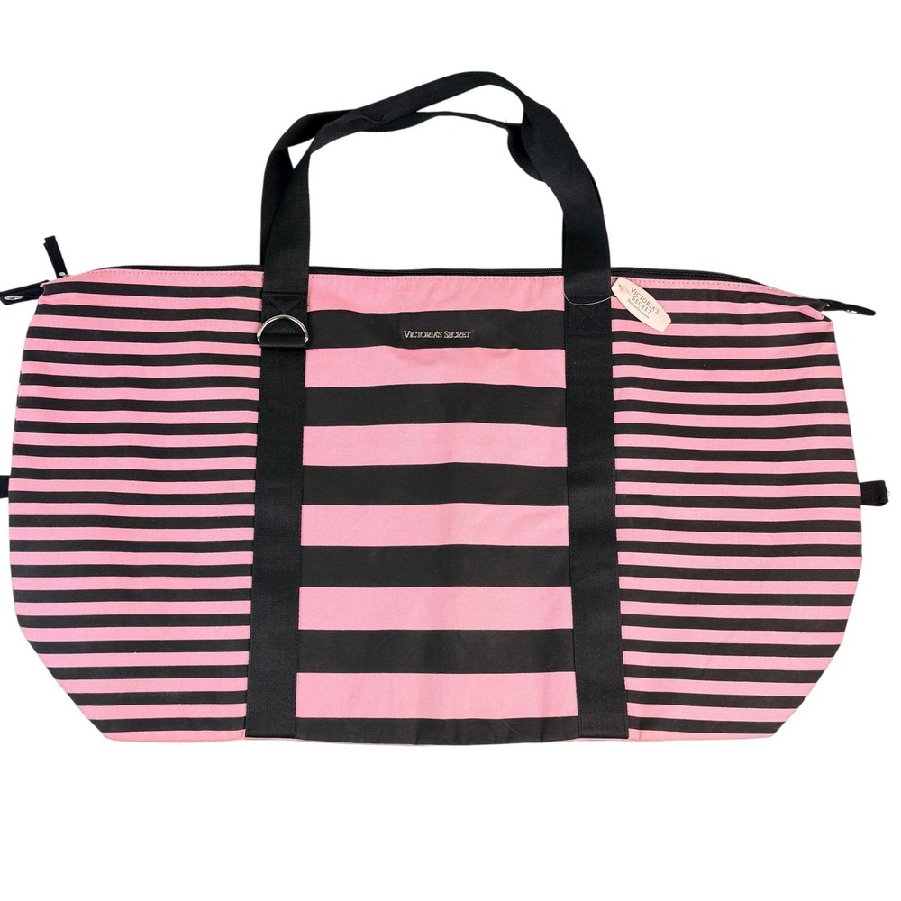 Victoria's Secret Pink Black Stripe Duffle Bag Canvas Weekender Travel NWT